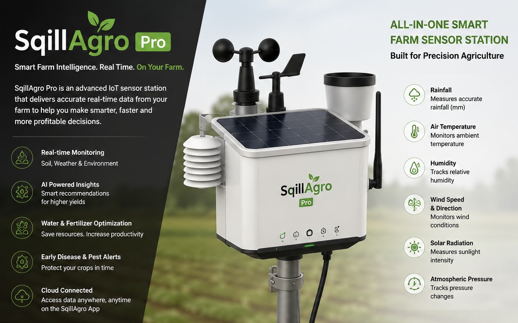 SqillAgro Pro IoT sensor station with solar panel, meteorological sensors, and cloud-connected farm intelligence features