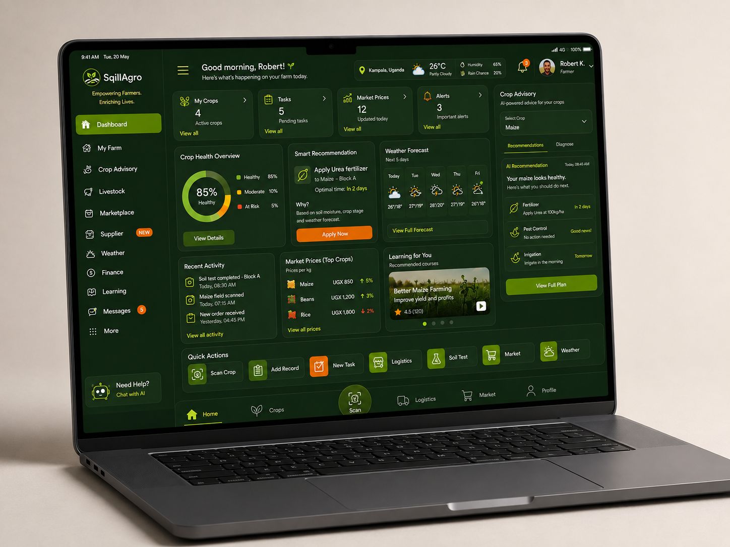 SqillAgro farmer dashboard showing crop health, weather, market prices, tasks, and AI crop advisory